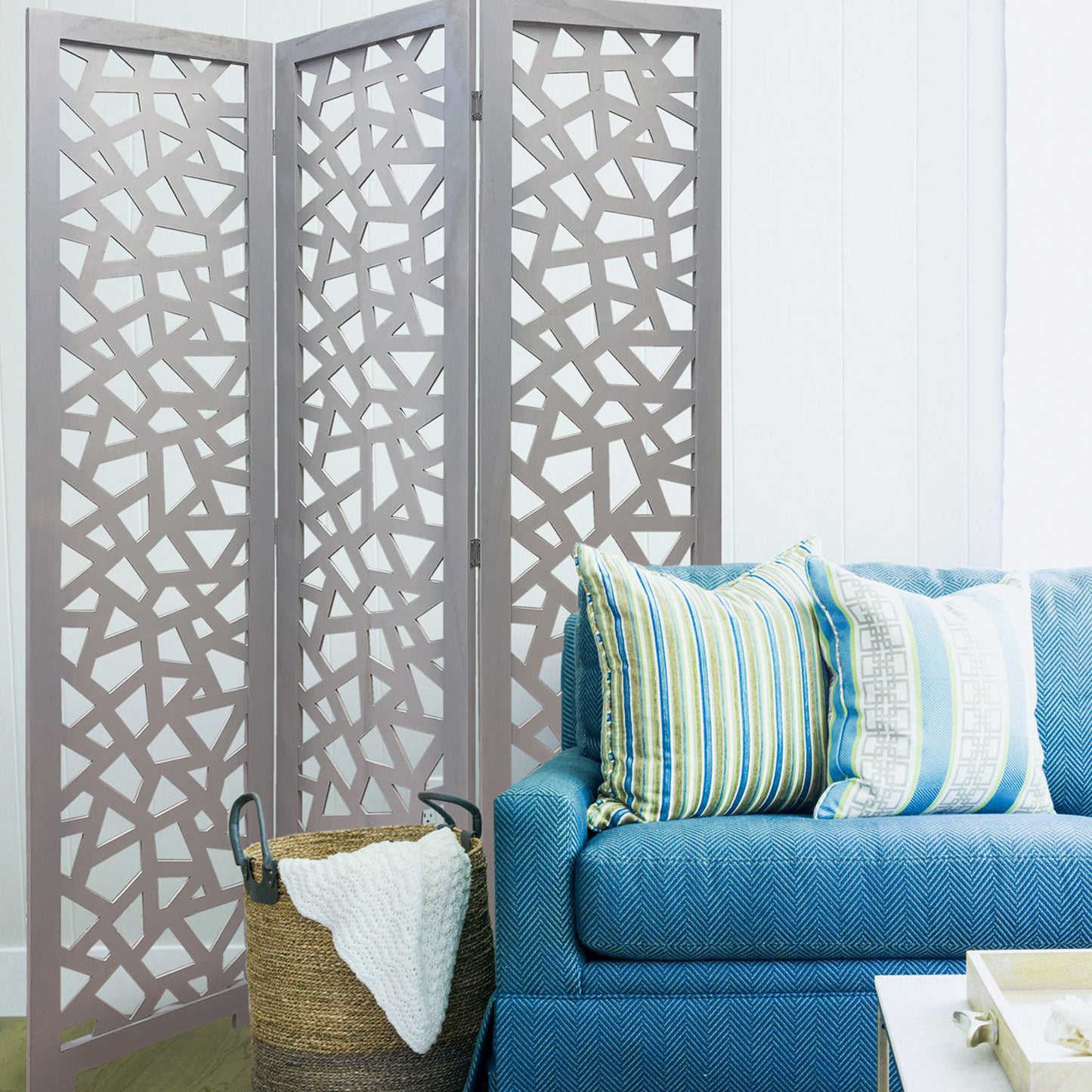 Gray Solid Wood Folding Three Panel Screen Room Divider By Homeroots | Room Dividers | Modishstore - 5