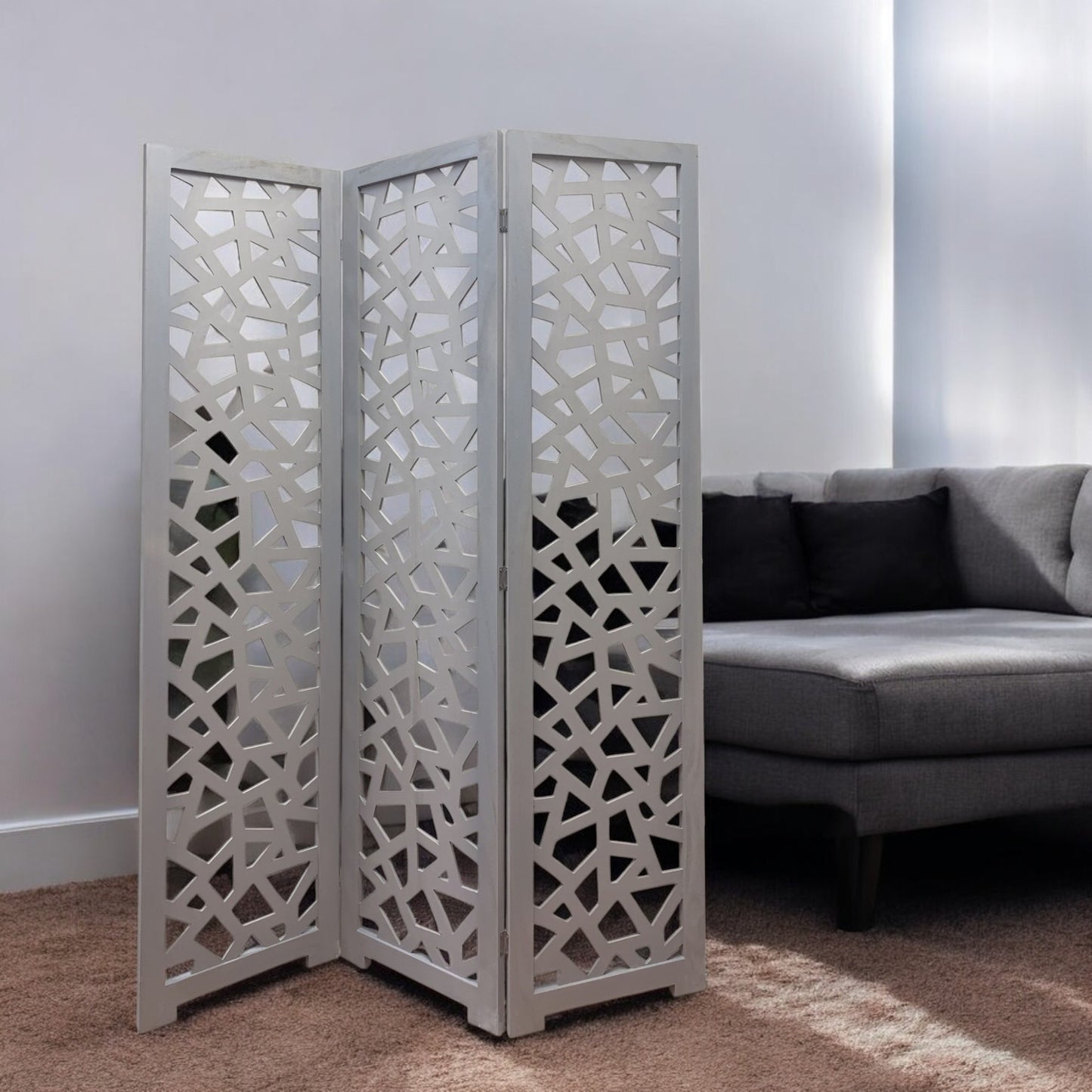 Gray Solid Wood Folding Three Panel Screen Room Divider By Homeroots | Room Dividers | Modishstore - 1