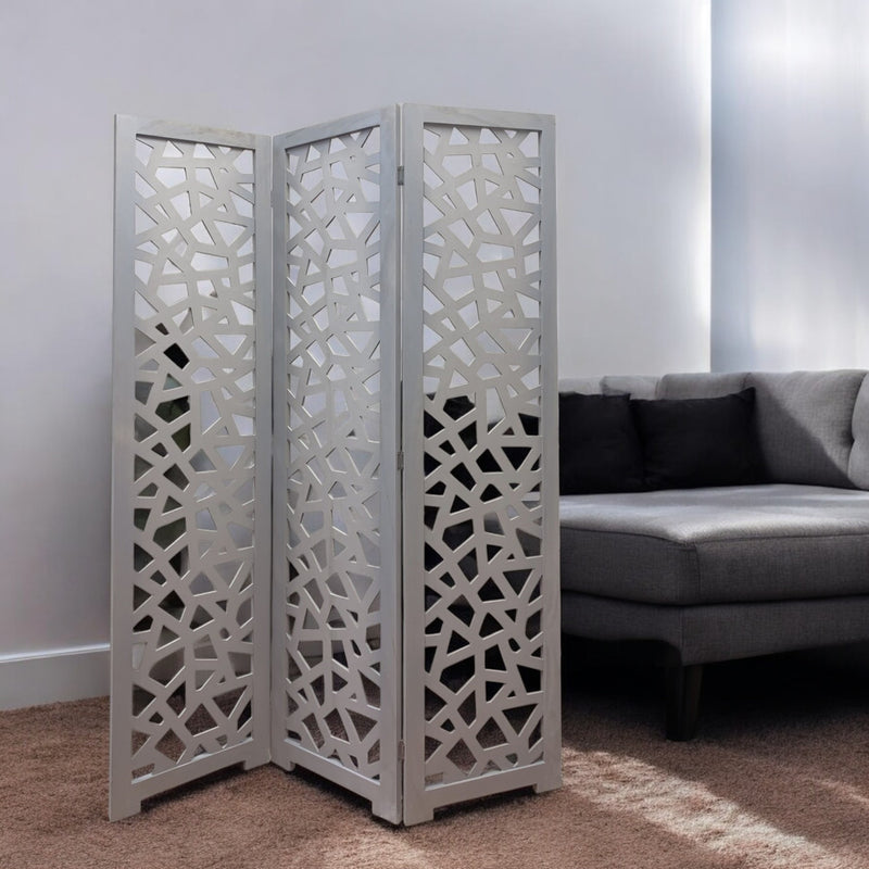Gray Solid Wood Folding Three Panel Screen Room Divider By Homeroots | Room Dividers | Modishstore - 1
