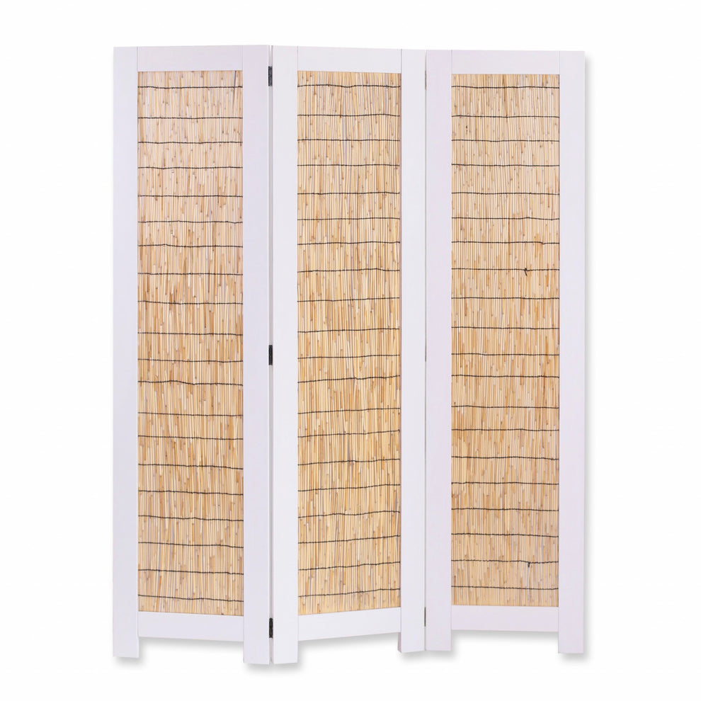 White and Natural Manufactured Wood Folding Three Panel Screen Room Divider By Homeroots | Room Dividers | Modishstore - 4