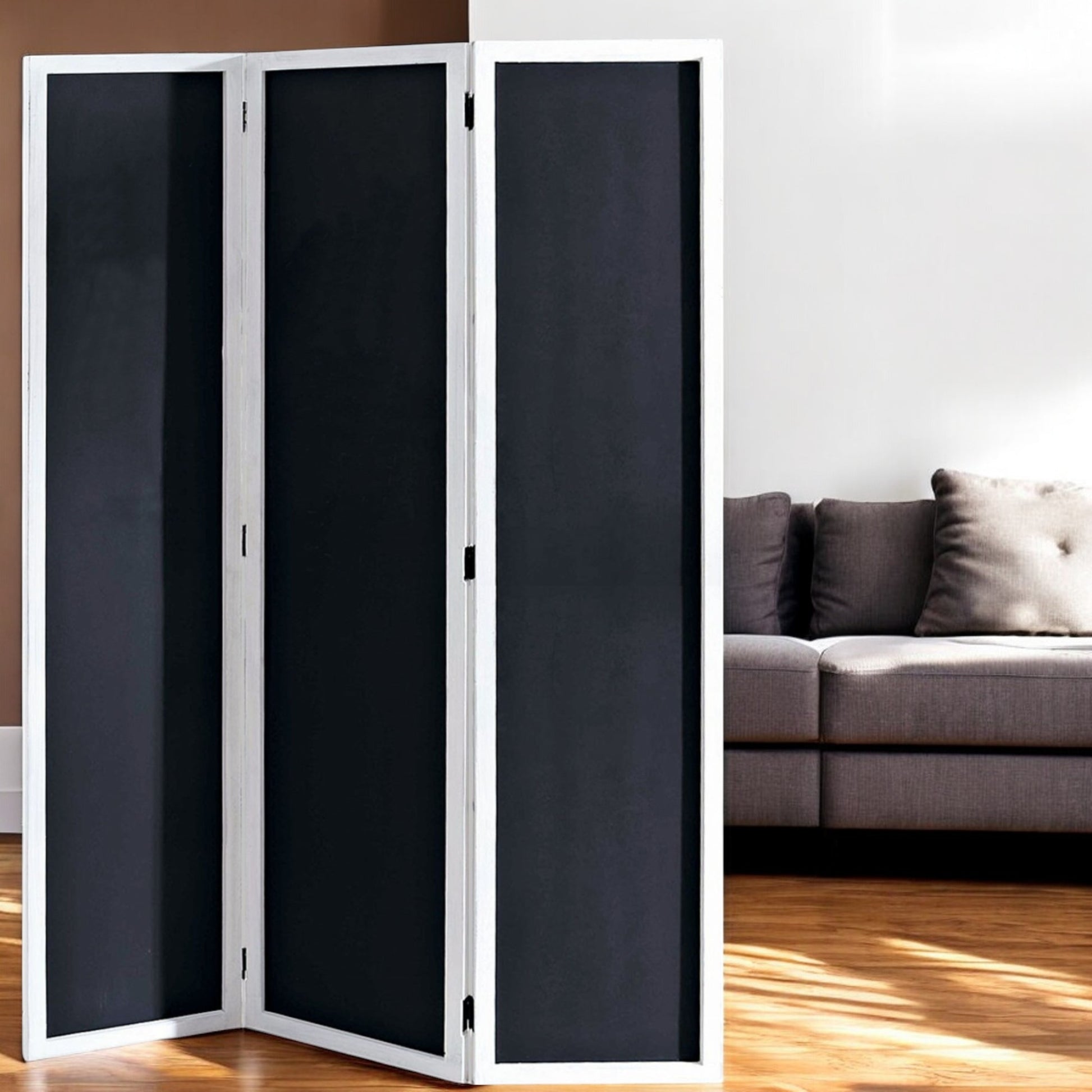 Black and White Chalkboard Wood Folding Three Panel Screen Room Divider By Homeroots | Room Dividers | Modishstore - 1