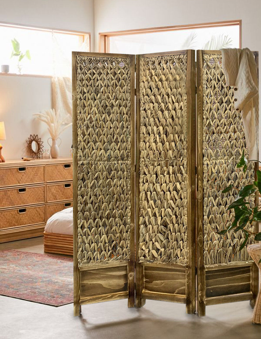 Casual Wood And Seagrass Three Panel Room Divider Screen By Homeroots | Room Dividers | Modishstore - 5