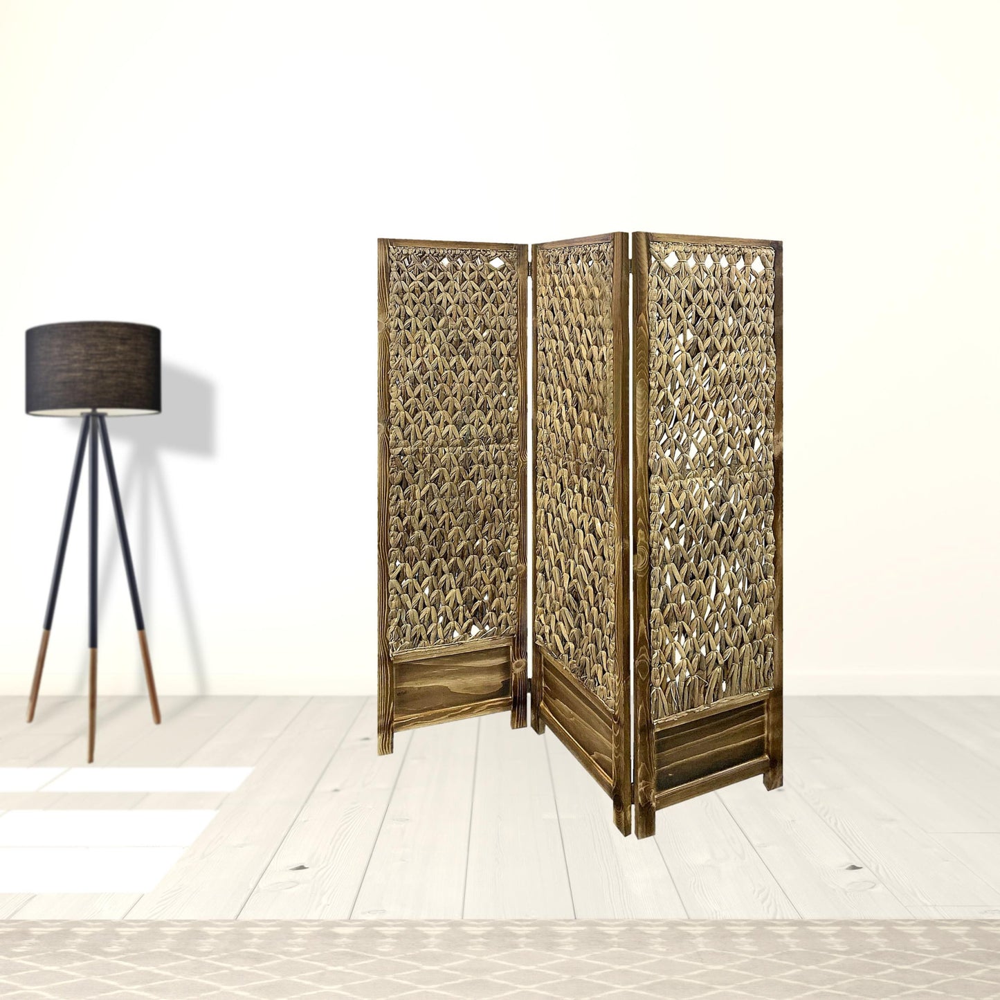 Casual Wood And Seagrass Three Panel Room Divider Screen By Homeroots | Room Dividers | Modishstore - 3