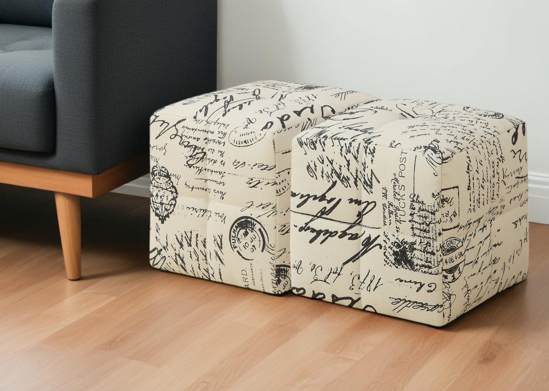 Set of Two Beige And Black Faux Leather Cube Ottoman By Homeroots | Ottomans | Modishstore - 1