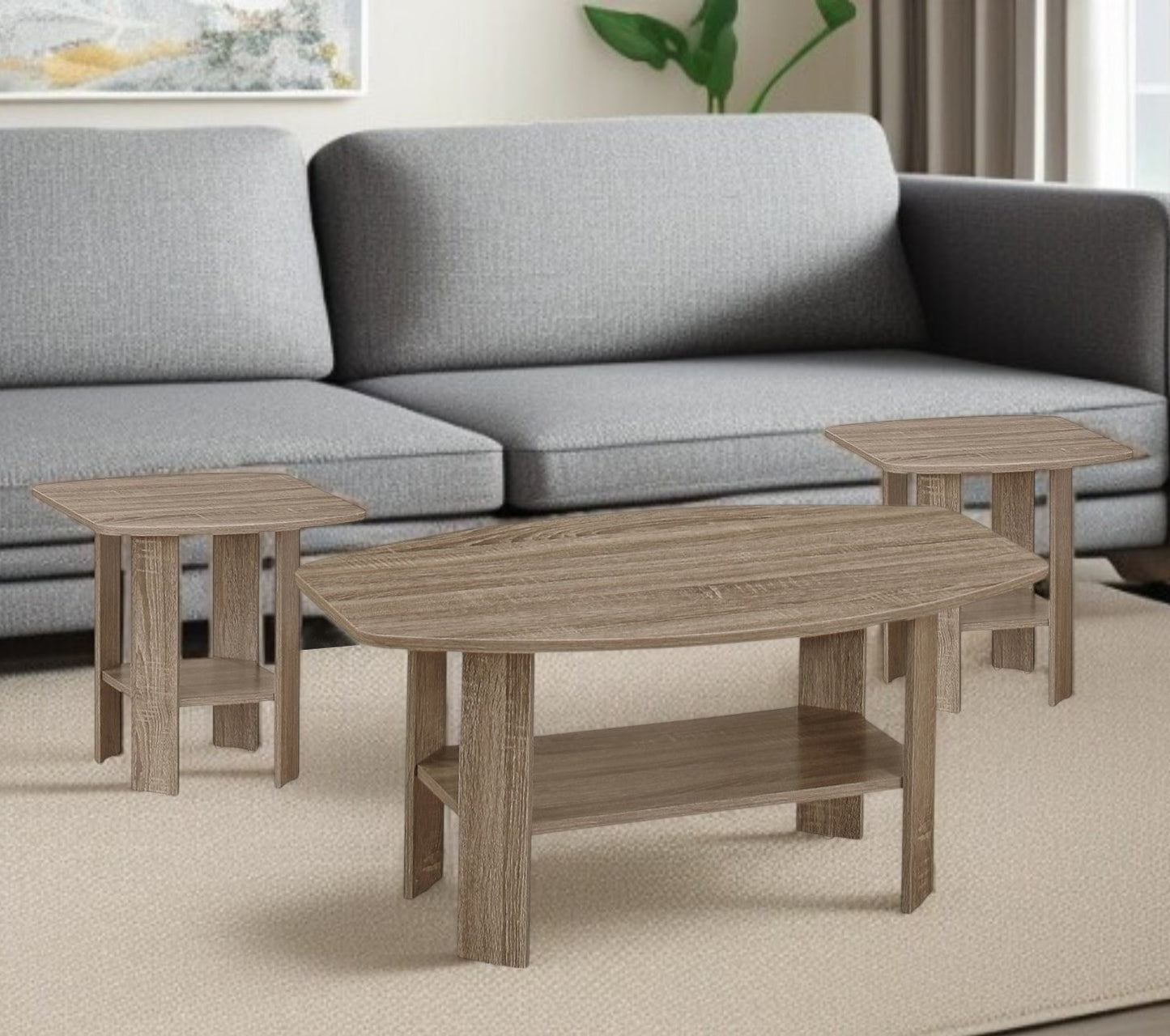Set of Three Taupe Coffee Table With Shelf By Homeroots | Coffee Tables | Modishstore - 1