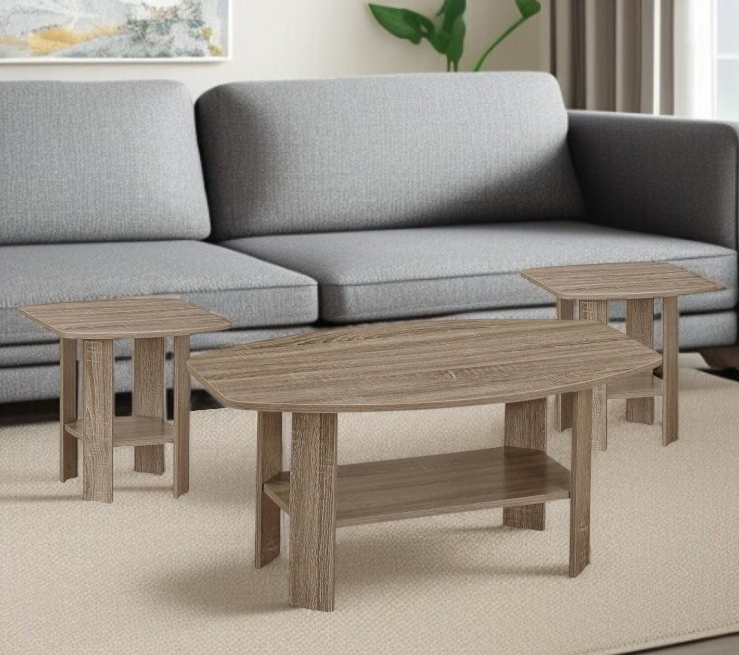 Set of Three Taupe Coffee Table With Shelf By Homeroots | Coffee Tables | Modishstore - 1