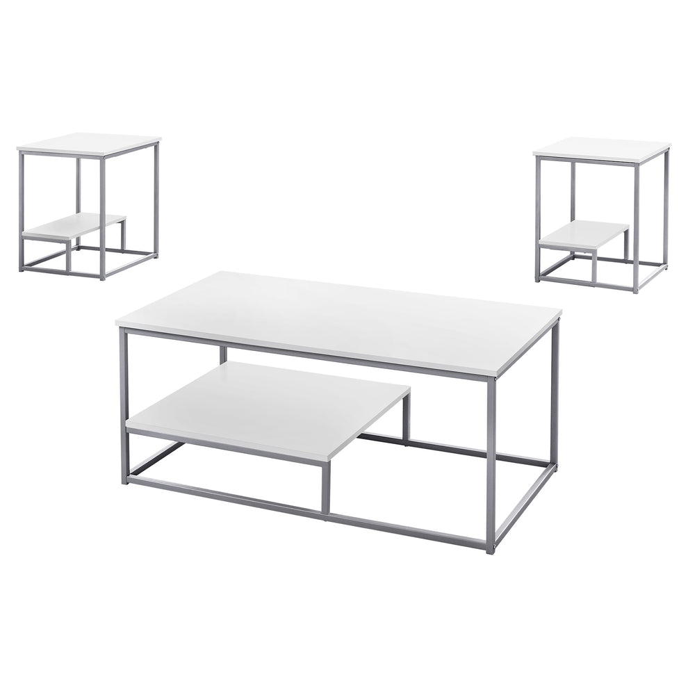 Set of Three White And Silver Metal Coffee Table With Shelf By Homeroots | Coffee Tables | Modishstore - 2