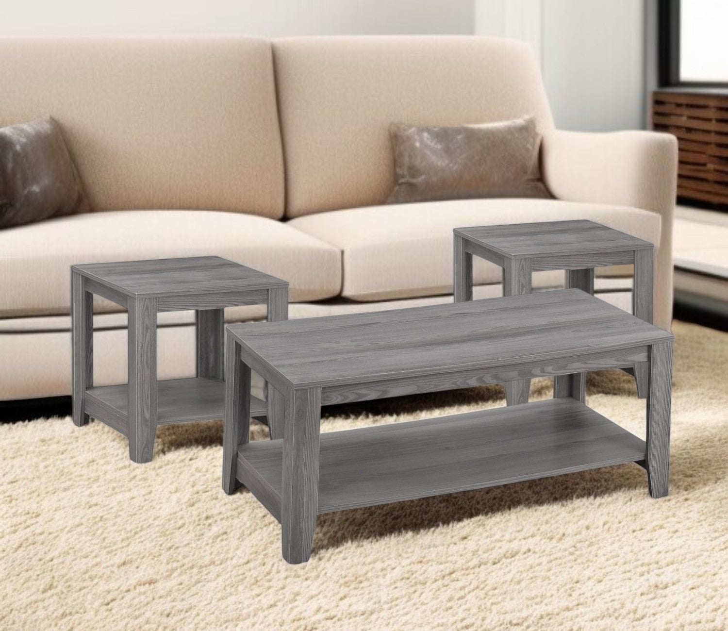 Set of Three Gray Coffee Table With Shelf By Homeroots | Coffee Tables | Modishstore - 1