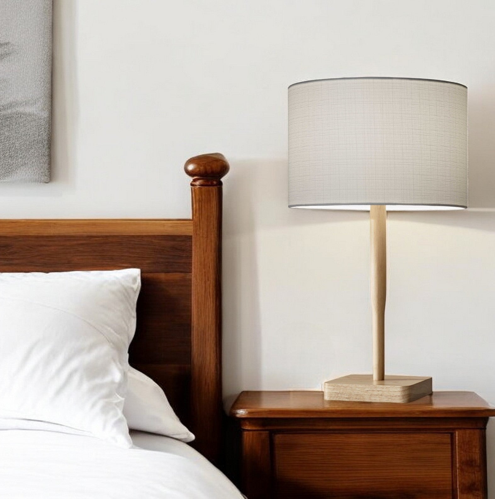 Natural Solid Wood Table Lamp With Gray Drum Shade By Homeroots | Table Lamps | Modishstore - 1