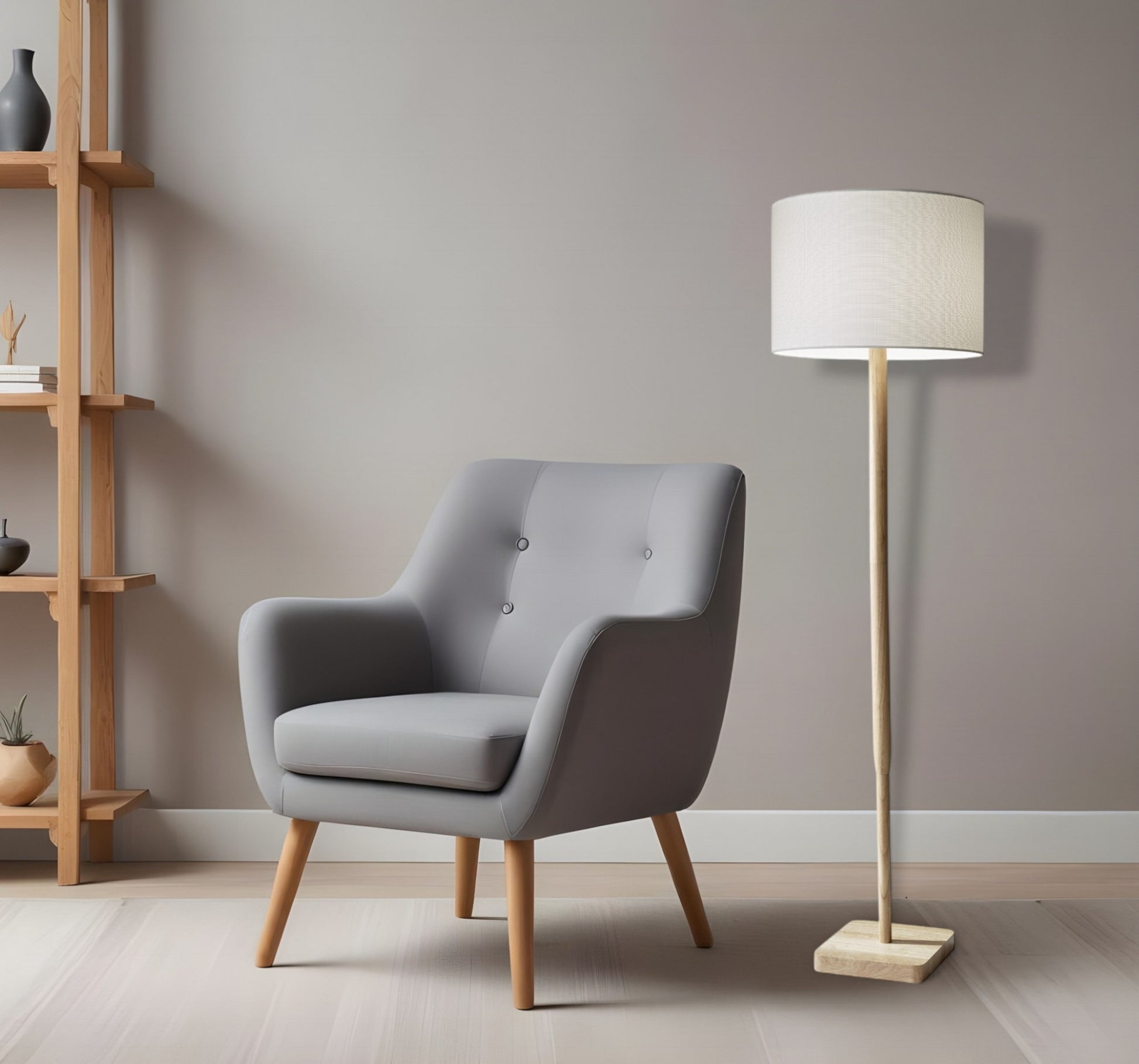 Natural Solid Wood Floor Lamp With White Linen Drum Shade By Homeroots | Floor Lamps | Modishstore - 1