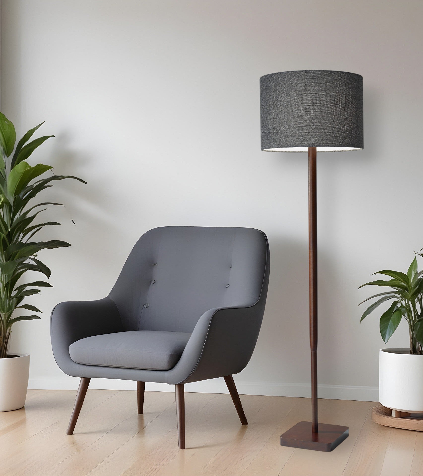 Brown And Black Solid Wood Floor Lamp With Dark Gray Fabric Drum Shade By Homeroots | Floor Lamps | Modishstore - 1