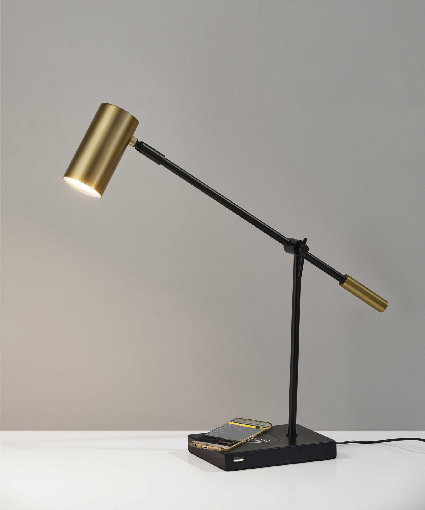 Black Metal Swing Arm LED Desk Lamp With USB And Antiqued Gold Cylinder Shade By Homeroots | Table Lamps | Modishstore - 7