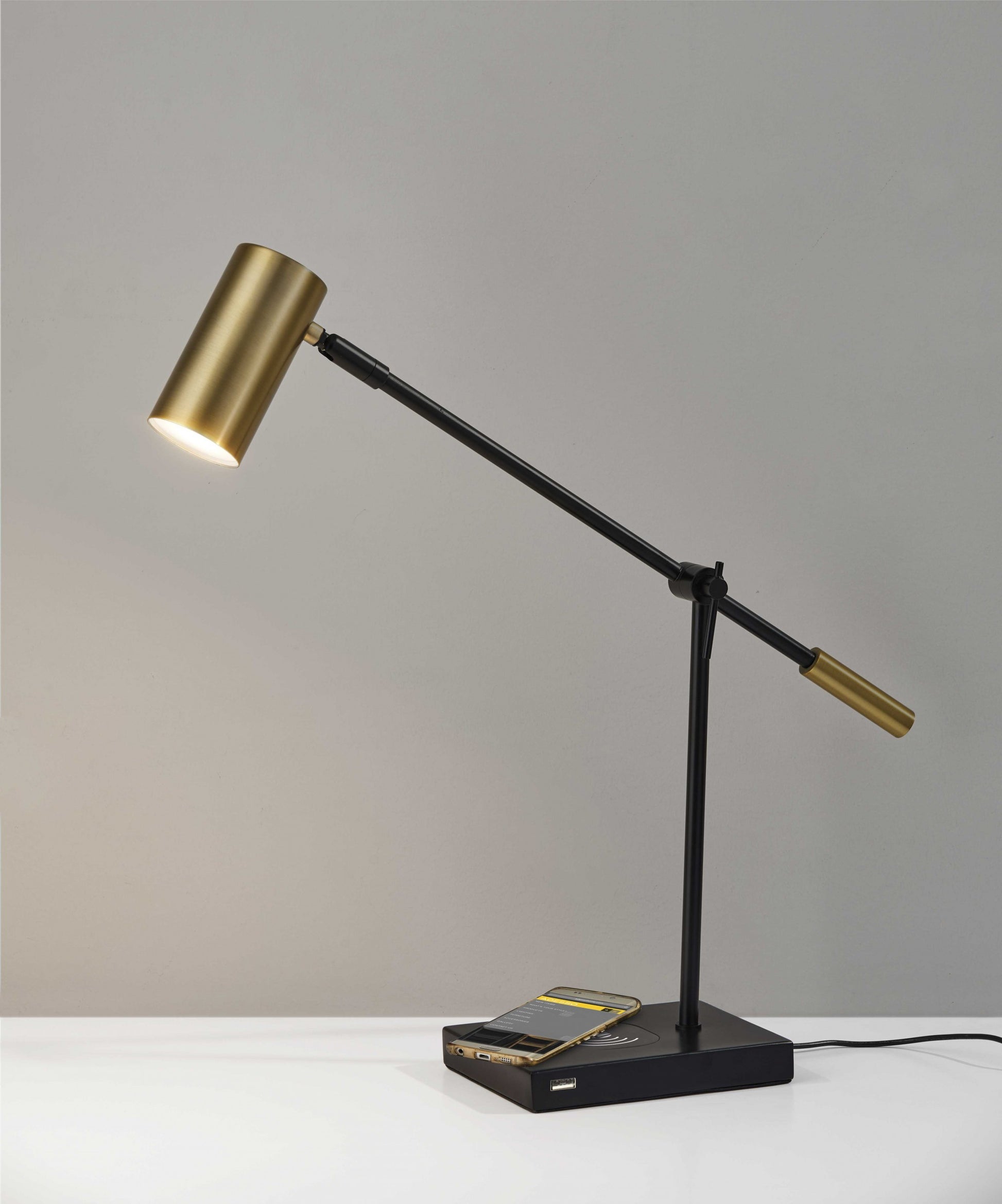 Black Metal Swing Arm LED Desk Lamp With USB And Antiqued Gold Cylinder Shade By Homeroots | Table Lamps | Modishstore - 7