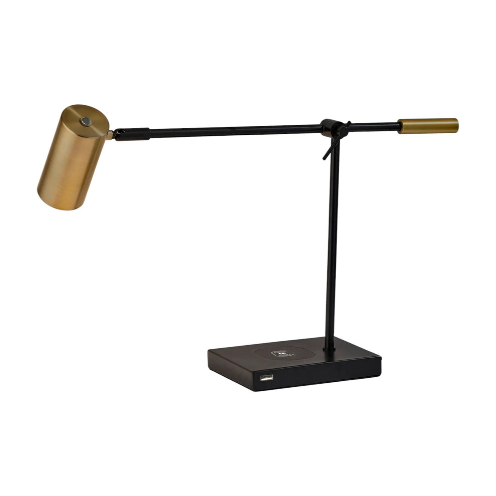 Black Metal Swing Arm LED Desk Lamp With USB And Antiqued Gold Cylinder Shade By Homeroots | Table Lamps | Modishstore - 4