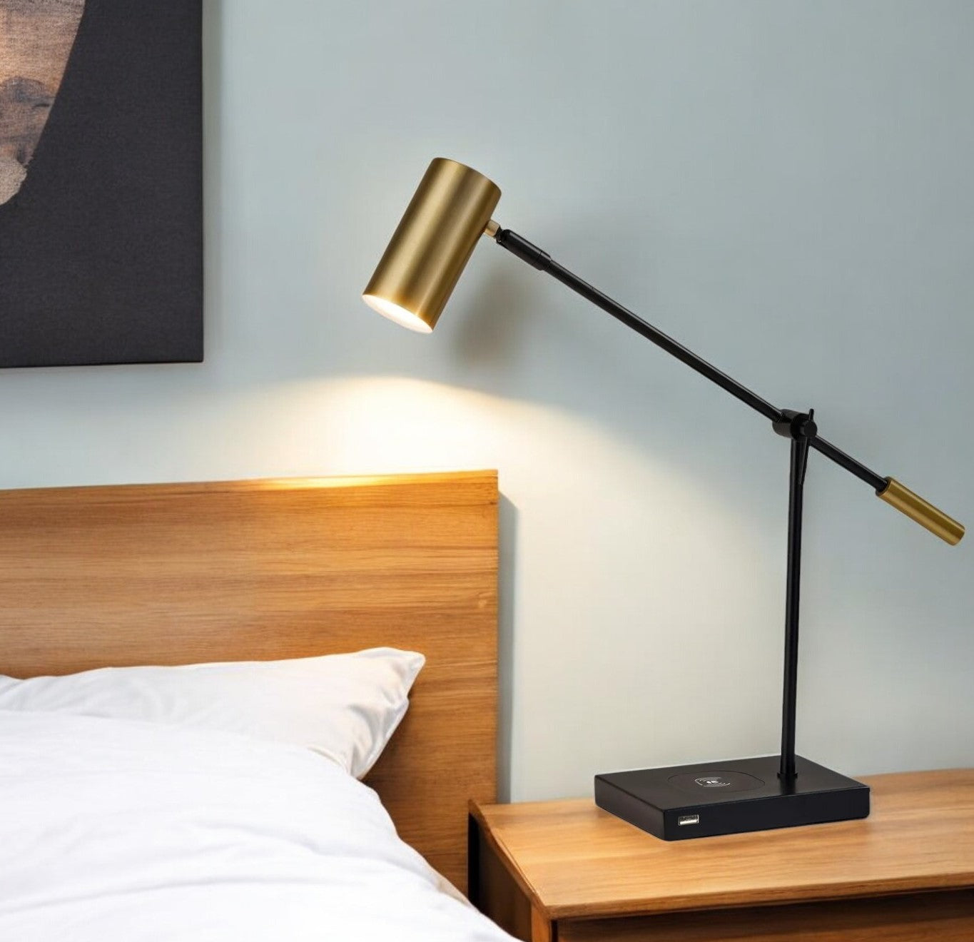 Black Metal Swing Arm LED Desk Lamp With USB And Antiqued Gold Cylinder Shade By Homeroots | Table Lamps | Modishstore - 1