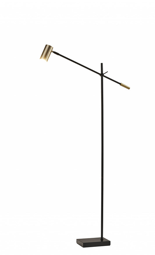 Black And Gold Adjustable LED Task Floor Lamp With Antiqued Brass Metal Cylinder Shade By Homeroots | Floor Lamps | Modishstore - 1