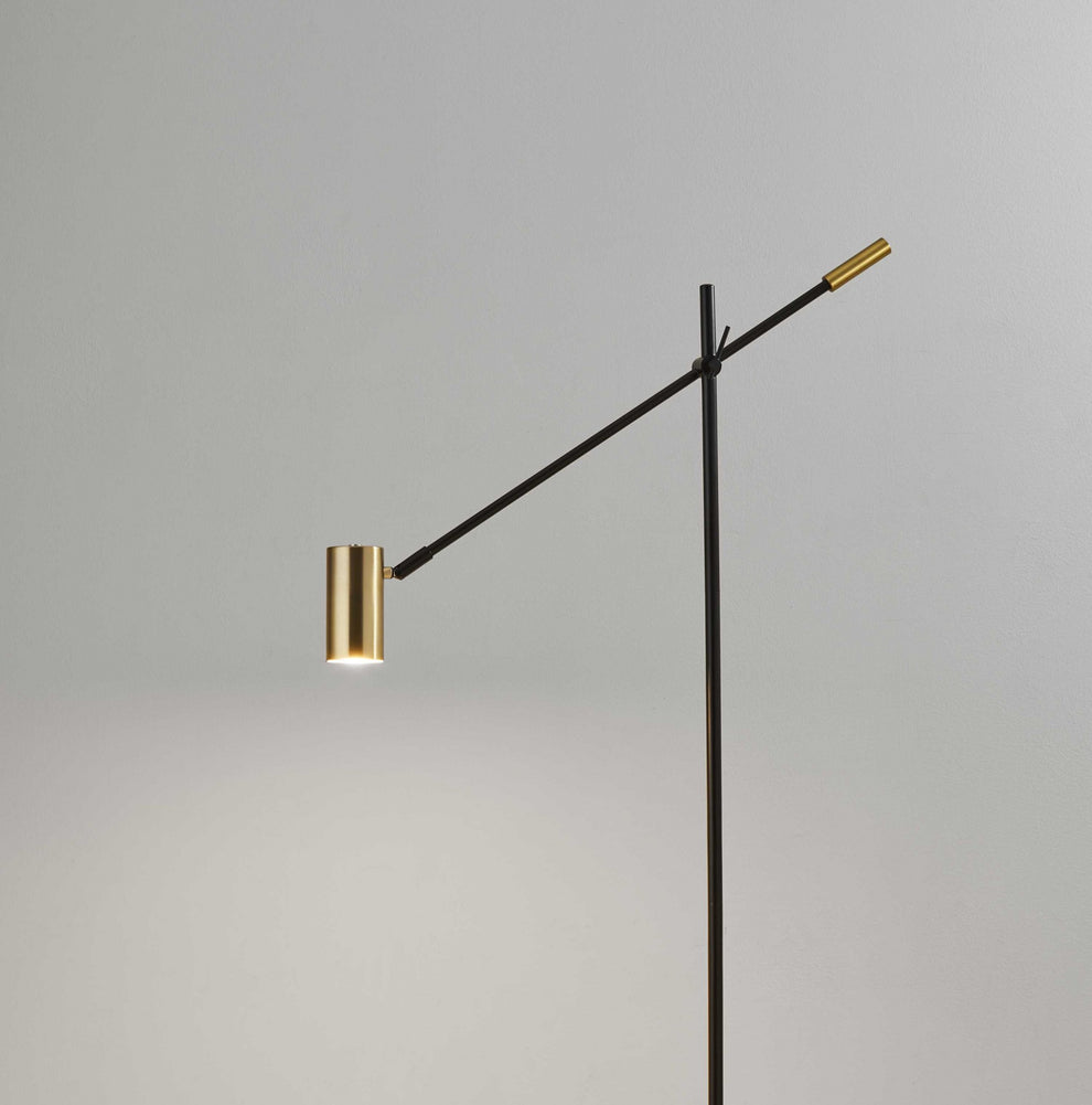 Black And Gold Adjustable LED Task Floor Lamp With Antiqued Brass Metal Cylinder Shade By Homeroots | Floor Lamps | Modishstore - 5