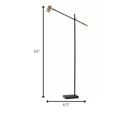 Black And Gold Adjustable LED Task Floor Lamp With Antiqued Brass Metal Cylinder Shade By Homeroots | Floor Lamps | Modishstore - 6
