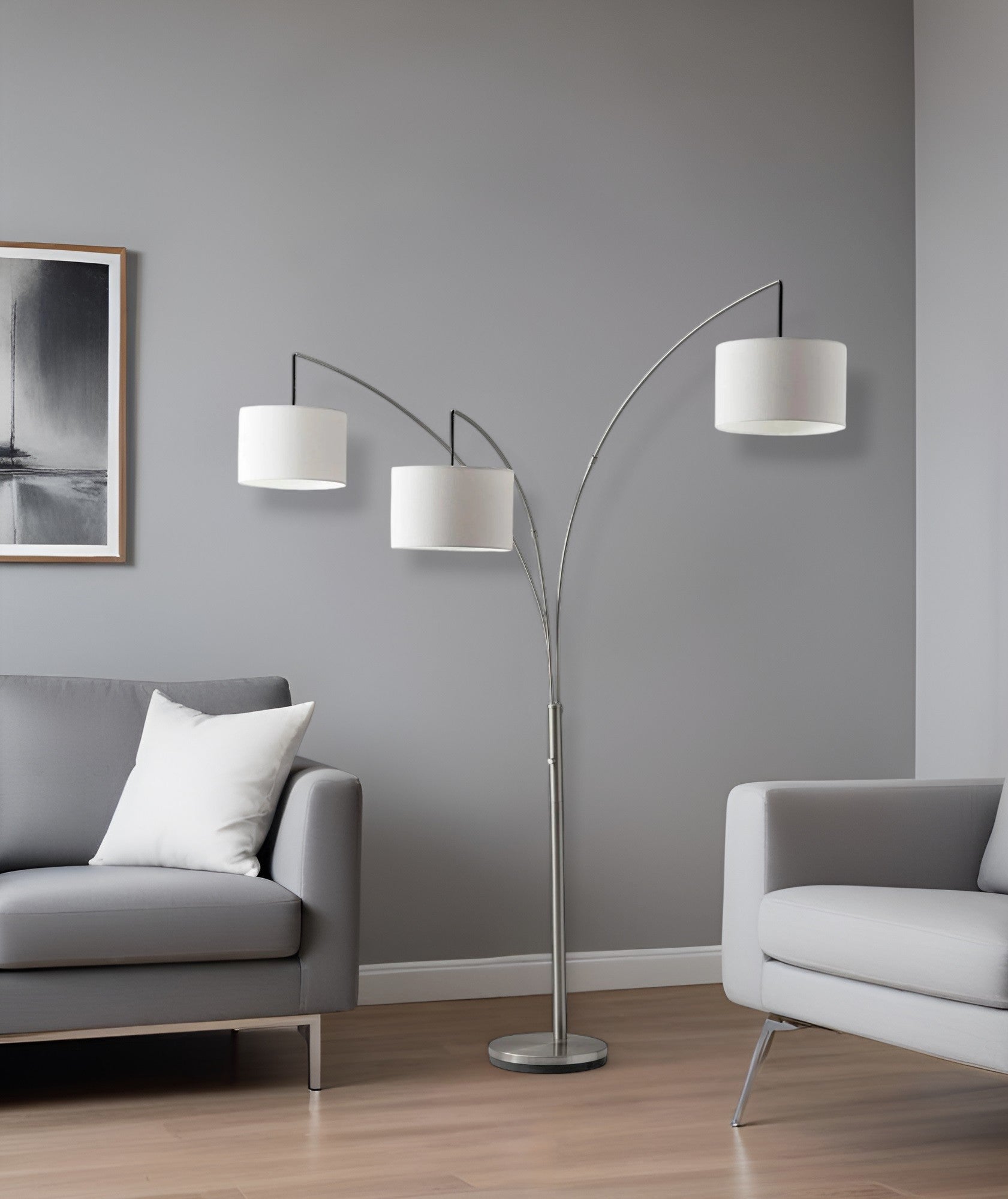 Silver Three Light Tree Floor Lamp With White Linen Drum Shade By Homeroots | Floor Lamps | Modishstore - 1