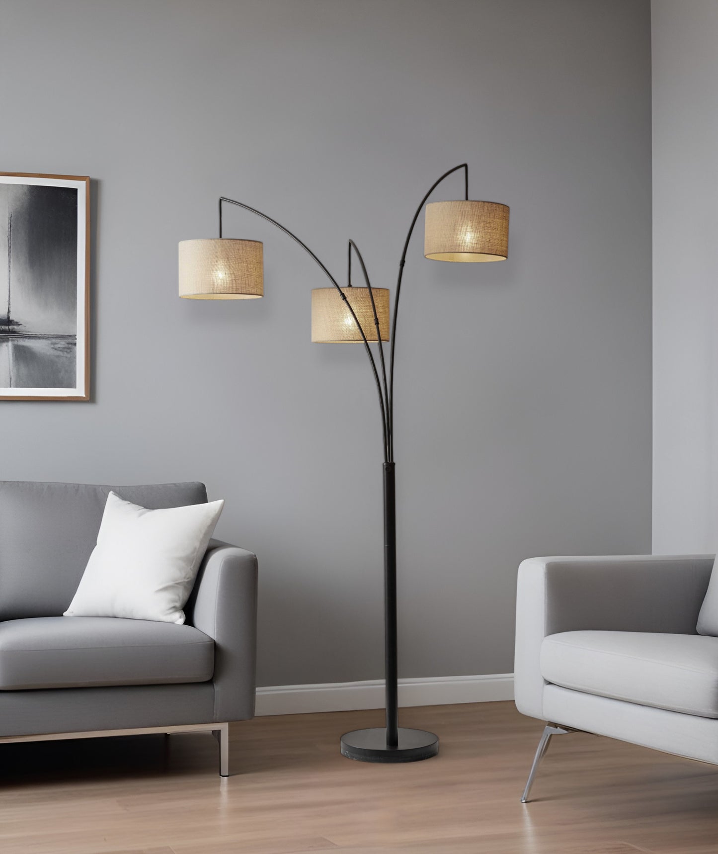 Bronze Three Light Tree Floor Lamp With Beige Burlap Drum Shade By Homeroots | Floor Lamps | Modishstore - 1