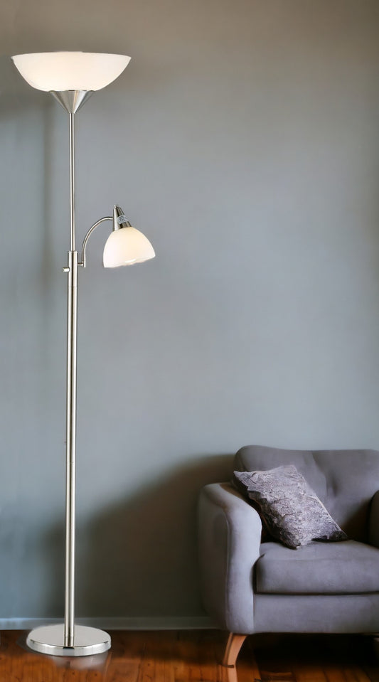 Silver Metal Two Light Torchiere Floor Lamp With White Bowl Shade By Homeroots | Floor Lamps | Modishstore - 1