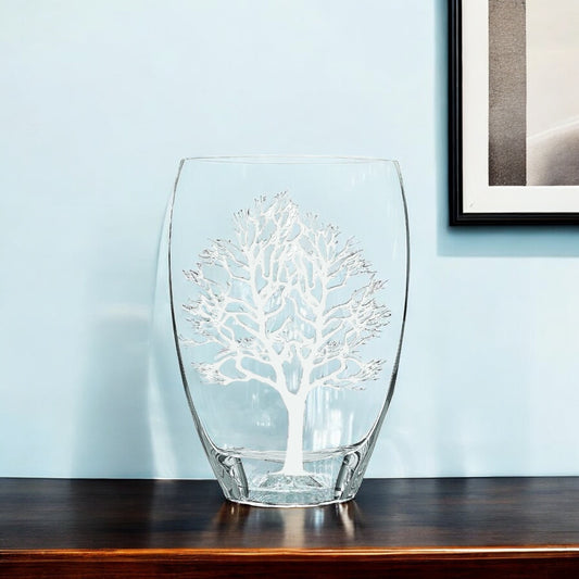 Clear And White Tree Of Life Oval Lead Free Crystal Table Vase By Homeroots | Vases | Modishstore - 1