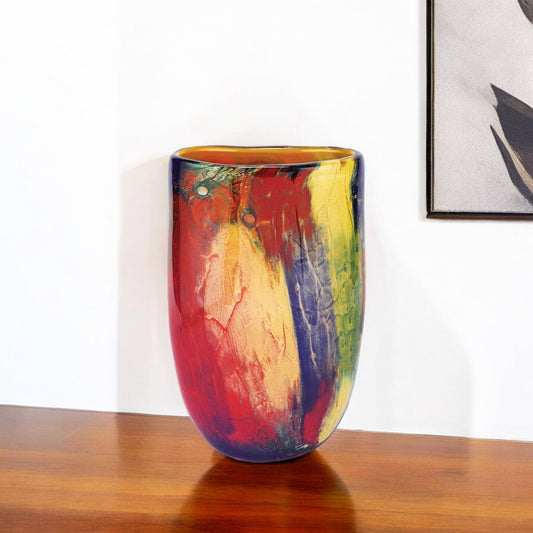 Red Purple And Yellow Abstract Oval Murano Glass Table Vase By Homeroots | Vases | Modishstore - 1