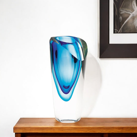 Clear And Blue Abstract Cylinder Lead Free Crystal Table Vase By Homeroots | Vases | Modishstore - 1