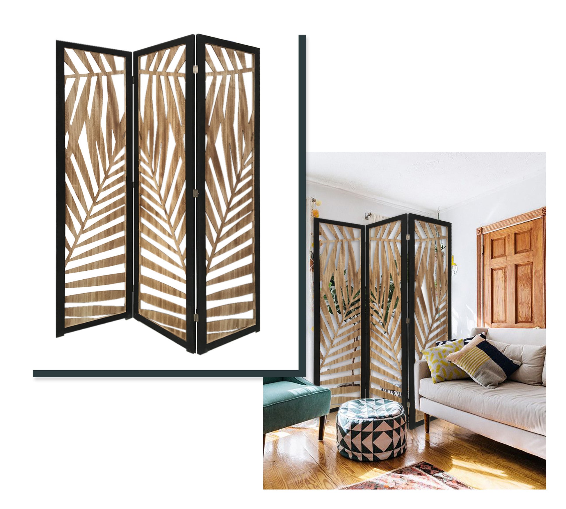 3 Panel Room Divider With Tropical Leaf Design By Homeroots | Room Dividers | Modishstore - 6
