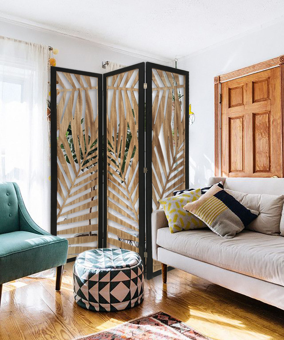 3 Panel Room Divider With Tropical Leaf Design By Homeroots | Room Dividers | Modishstore - 7