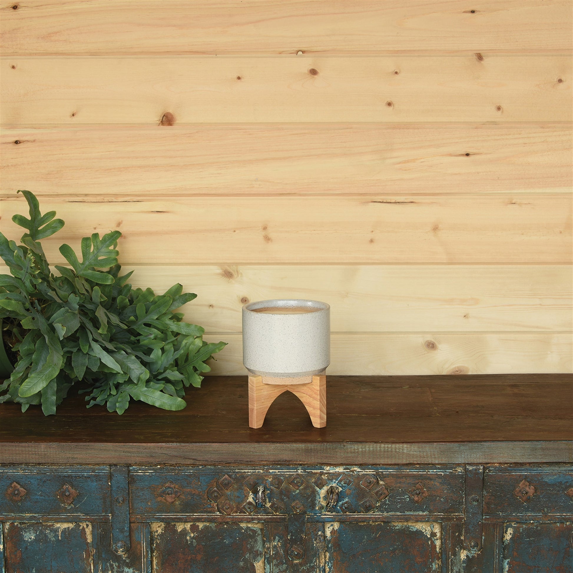 Ames Cachepot, Ceramic with Wood - Small - White, Natural Set Of 4 By HomArt | Planters, Troughs & Cachepots | Modishstore