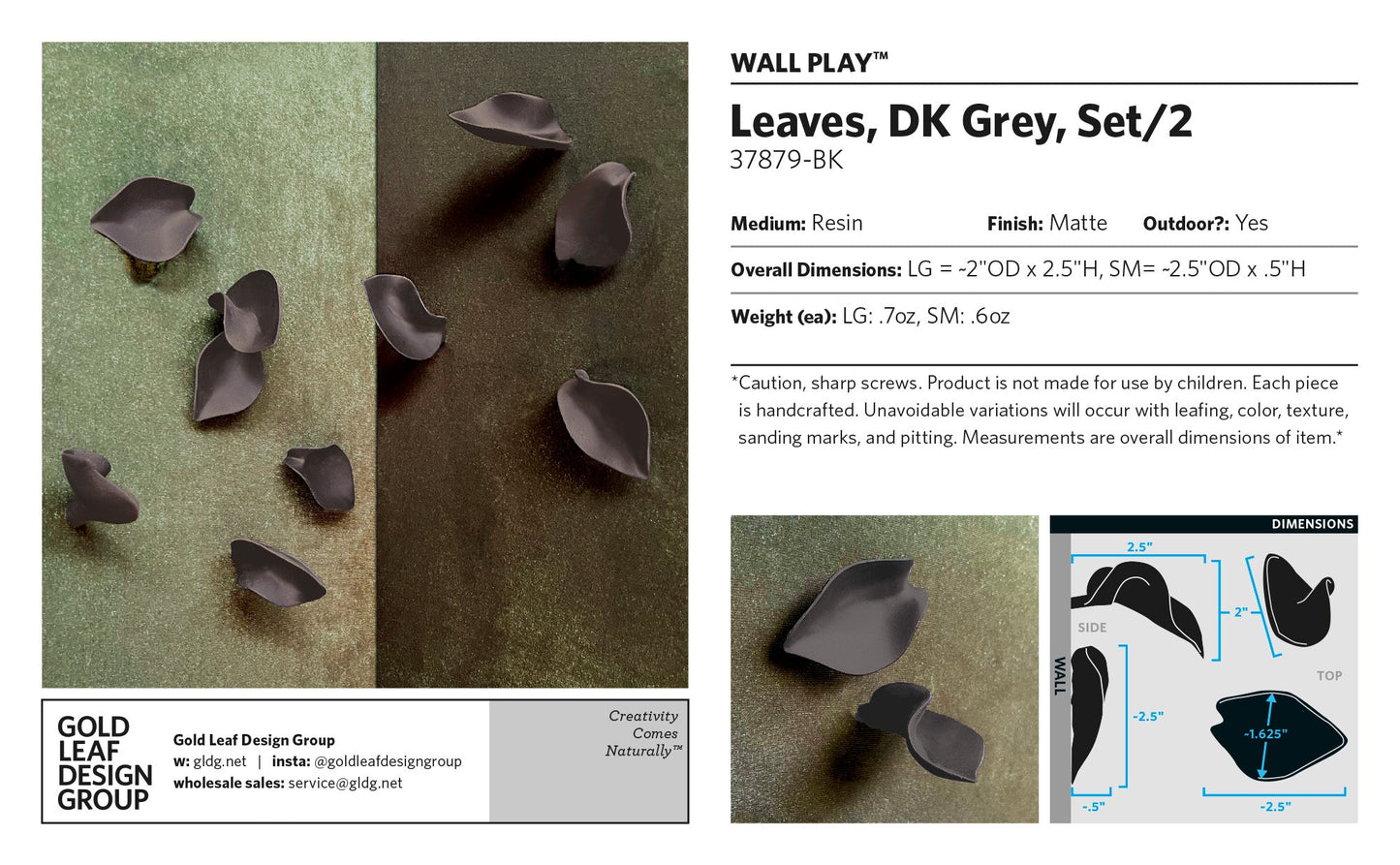 Wall Play™: Leaves, DK Grey, Set/2 By Gold Leaf | Wall Art | Modishstore - 4