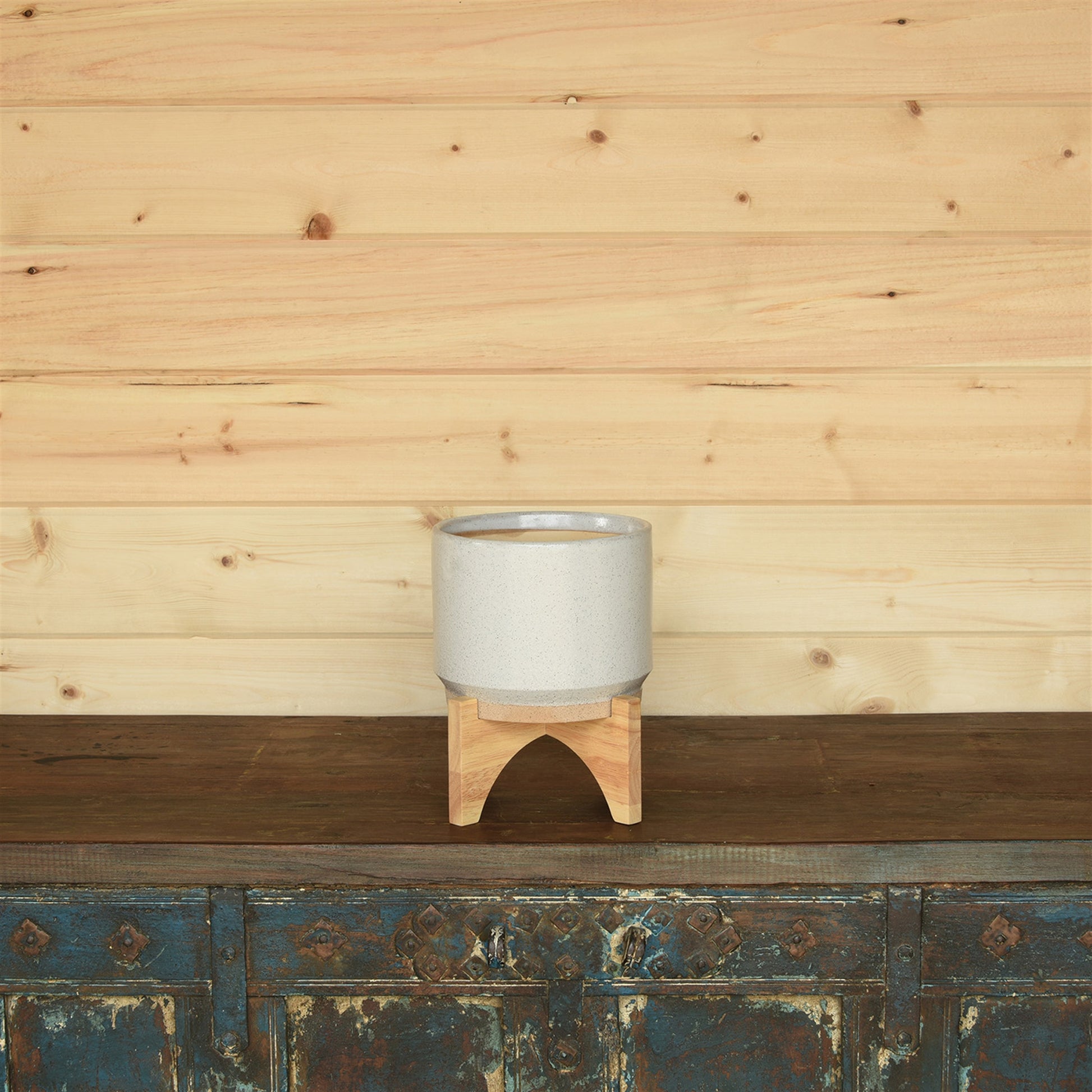 Ames Cachepot, Ceramic with Wood - Large - White, Natural Set Of 4 By HomArt | Planters, Troughs & Cachepots | Modishstore - 4