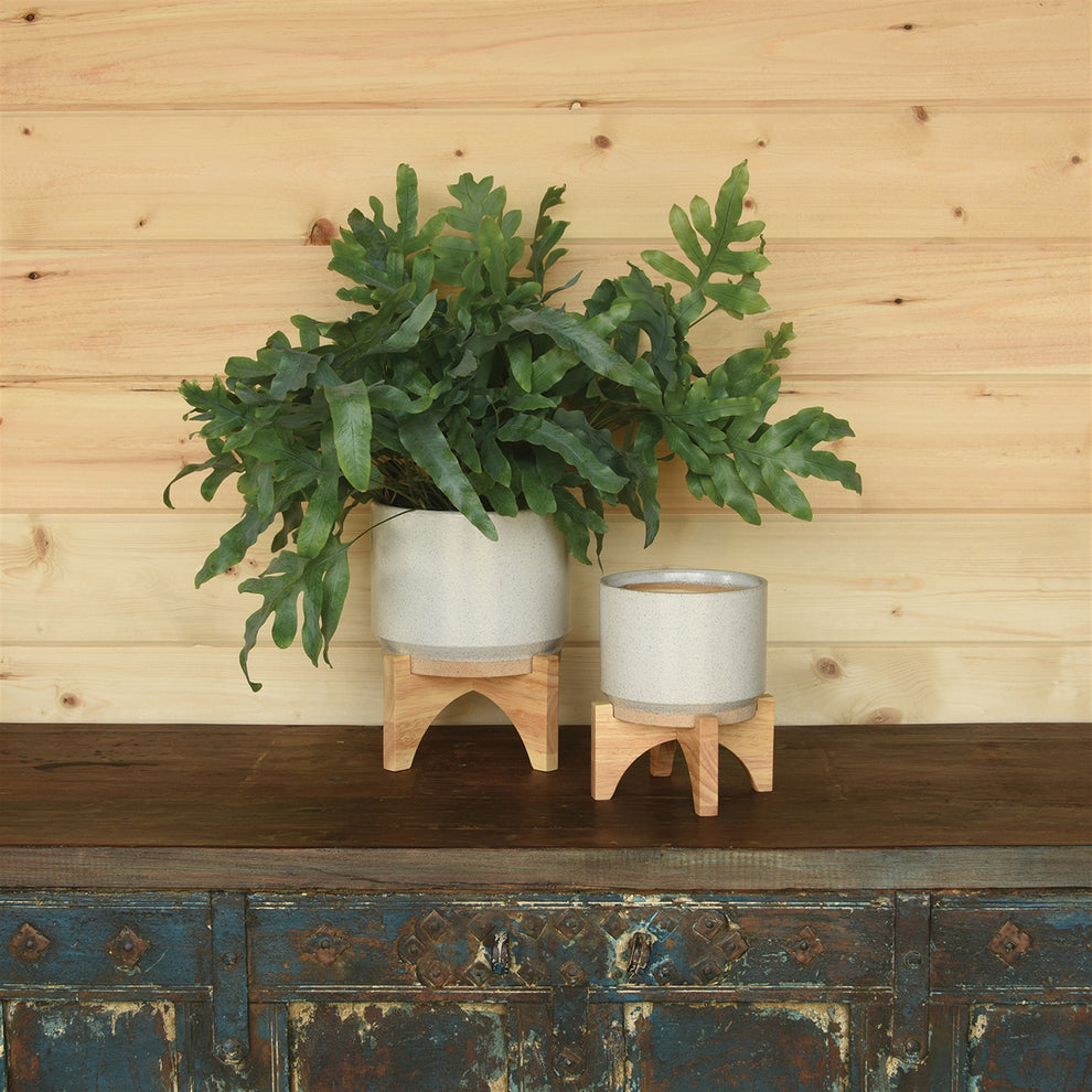 Ames Cachepot, Ceramic with Wood - Large - White, Natural Set Of 4 By HomArt | Planters, Troughs & Cachepots | Modishstore - 2
