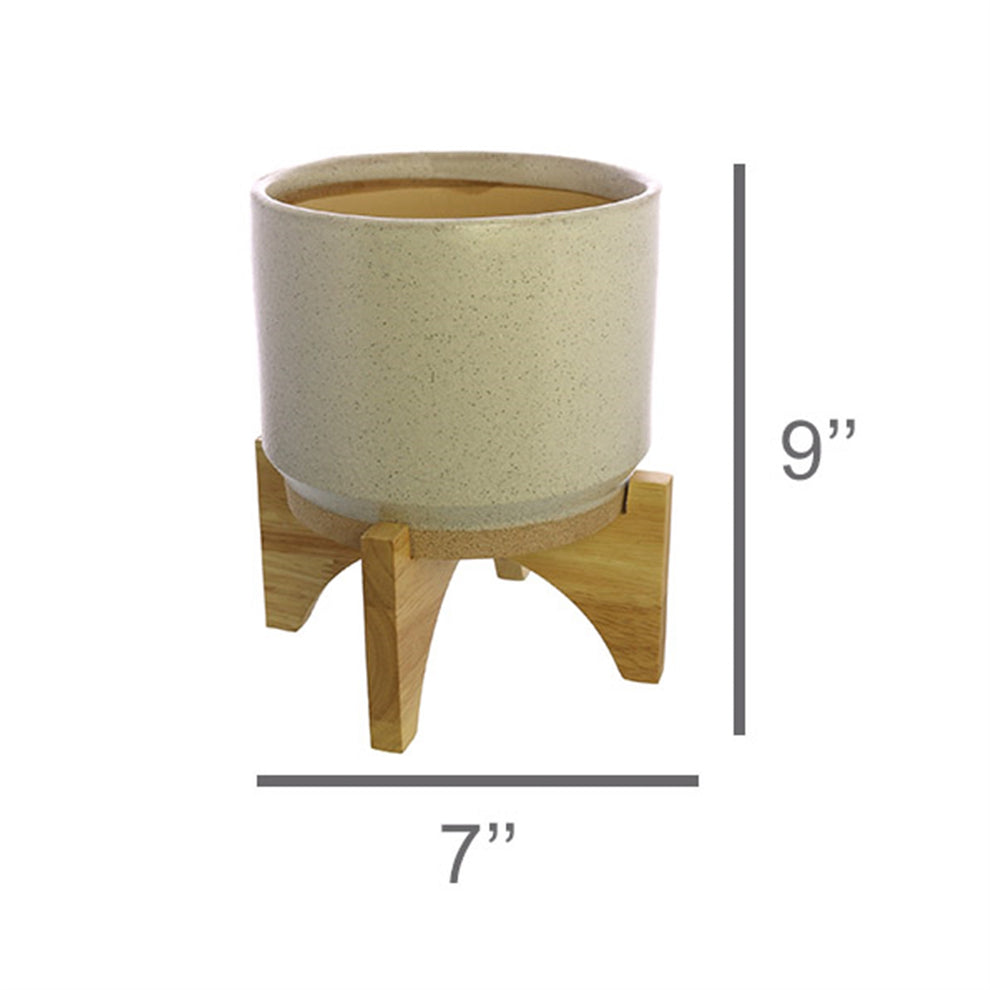 Ames Cachepot, Ceramic with Wood - Large - White, Natural Set Of 4 By HomArt | Planters, Troughs & Cachepots | Modishstore - 3