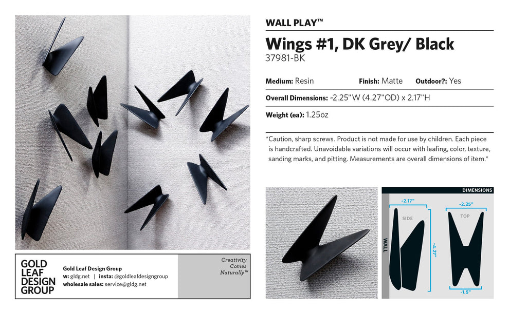 Wall Play™: Wings #1, DK Grey/ Black By Gold Leaf | Wall Art | Modishstore - 7
