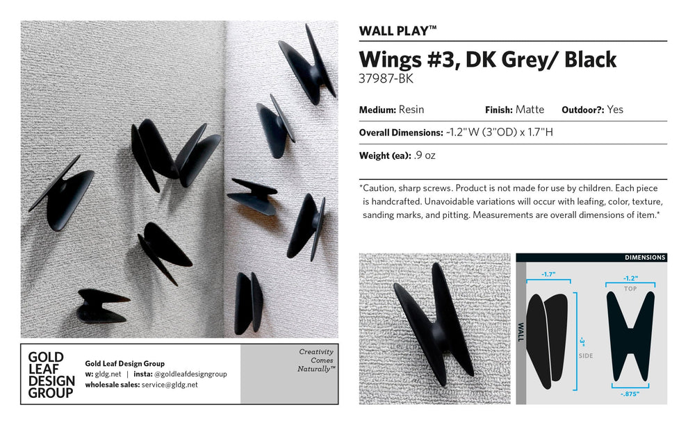 Wall Play™: Wings #3, DK Grey/ Black By Gold Leaf | Wall Art | Modishstore - 7