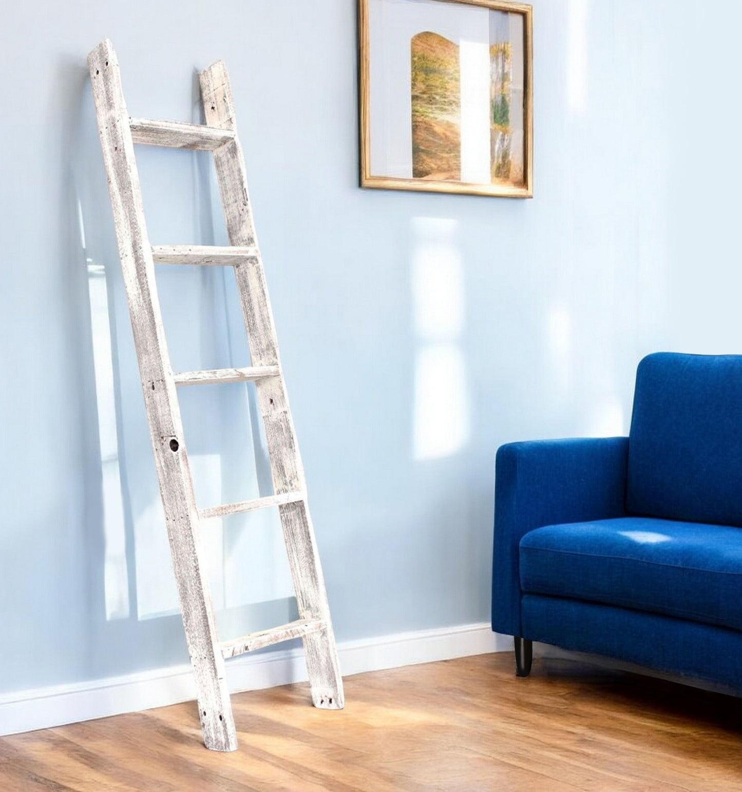 White Rustic Four Step Wood Ladder Shelf By Homeroots | Wall Decor | Modishstore - 1