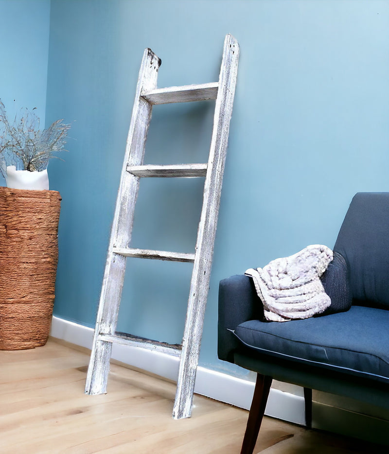 Whitewash Rustic Four Step Wood Ladder Shelf By Homeroots | Wall Decor | Modishstore - 1