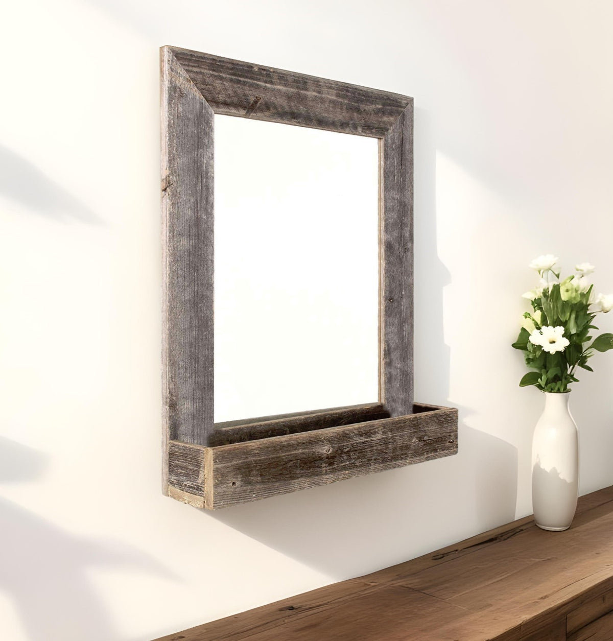 Rustic Weathered Gray Reclaimed Wood Plank Mirror With Shelf By Homeroots | Wall Decor | Modishstore - 1
