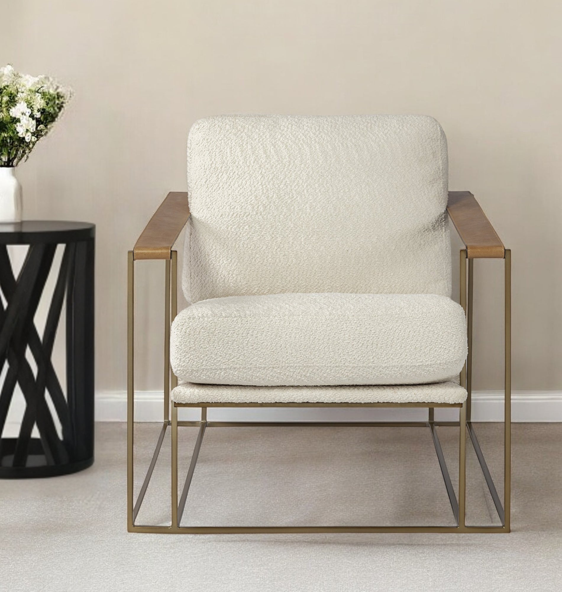 Cream and Gold Linen Lounge Chair By Homeroots | Accent Chairs | Modishstore - 1
