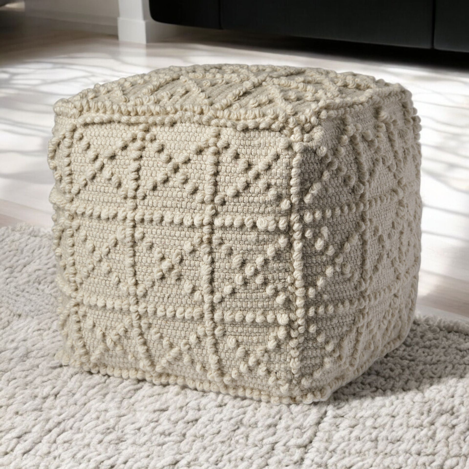 Ivory Wool Geometric Cube Ottoman By Homeroots | Ottomans | Modishstore - 2