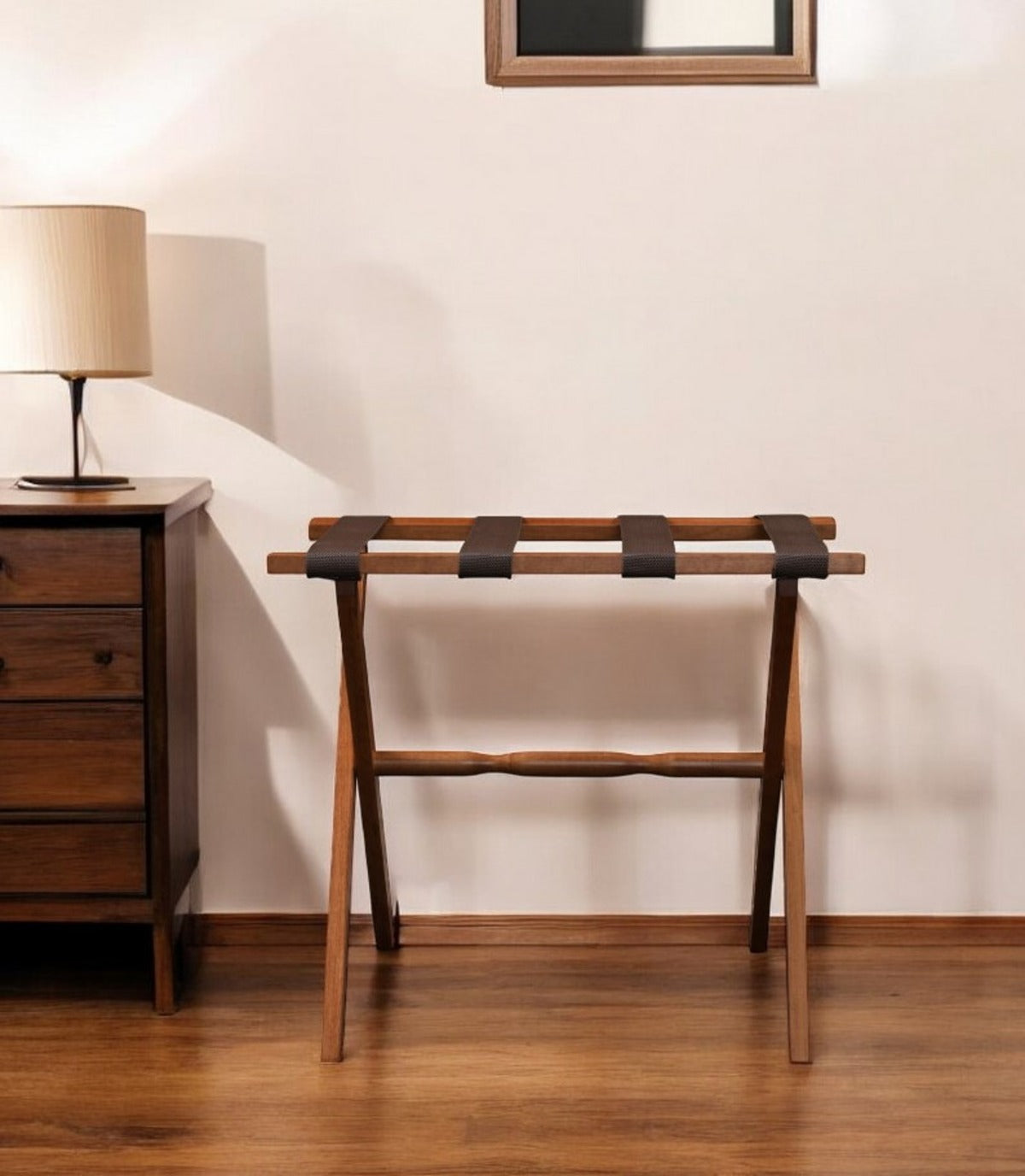 Hotel Light Walnut Folding Luggage Rack With 4 Straps By Homeroots | Nightstands | Modishstore - 1