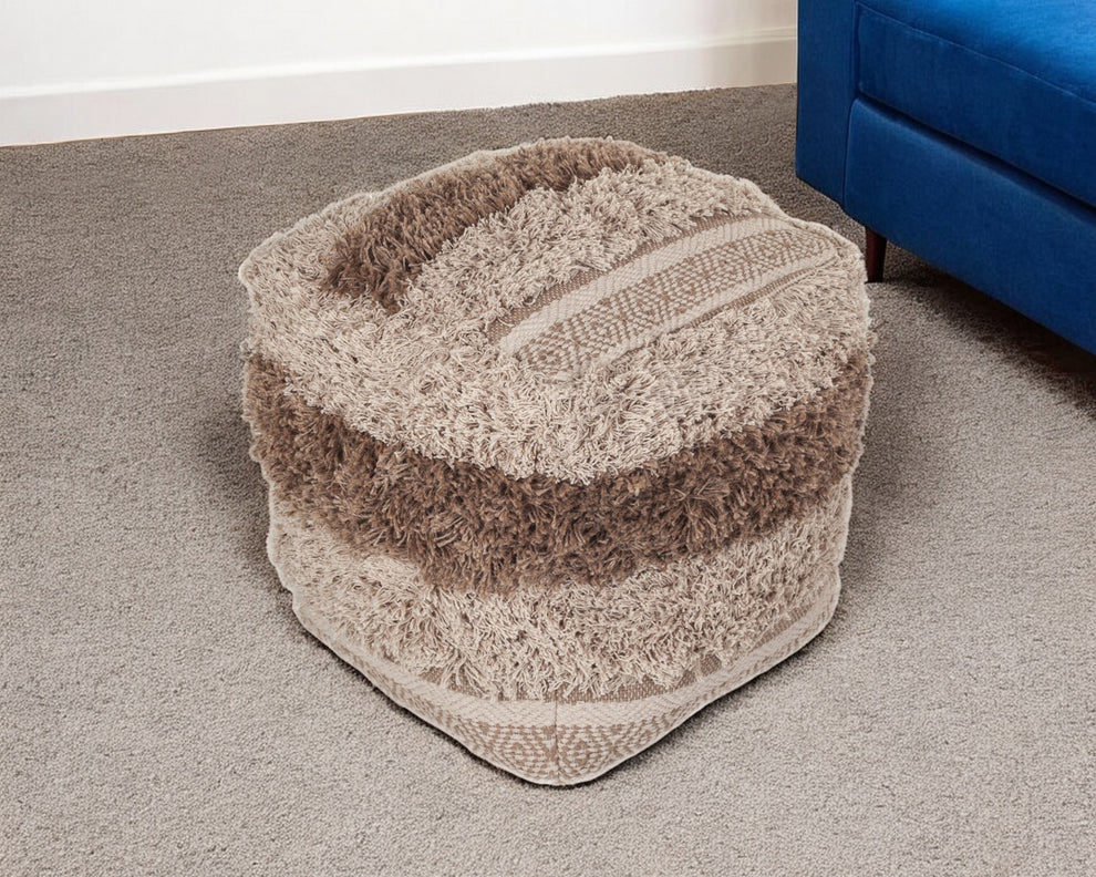 Boho Shaggy Khaki Textured Pouf By Homeroots | Ottomans | Modishstore - 2