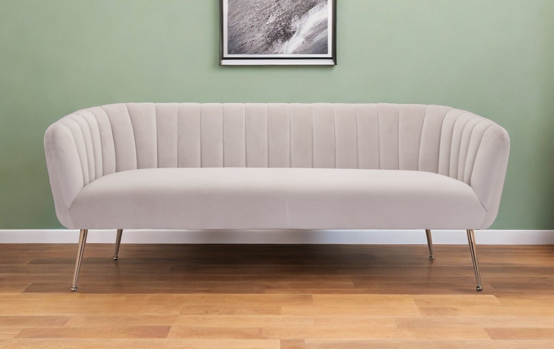 Beige Velvet Sofa With Gold Legs By Homeroots | Sofas | Modishstore - 1