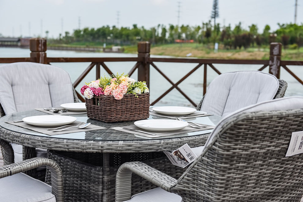 Five Piece Gray Round Glass Dining Set By Homeroots | Outdoor Dining Sets | Modishstore - 8