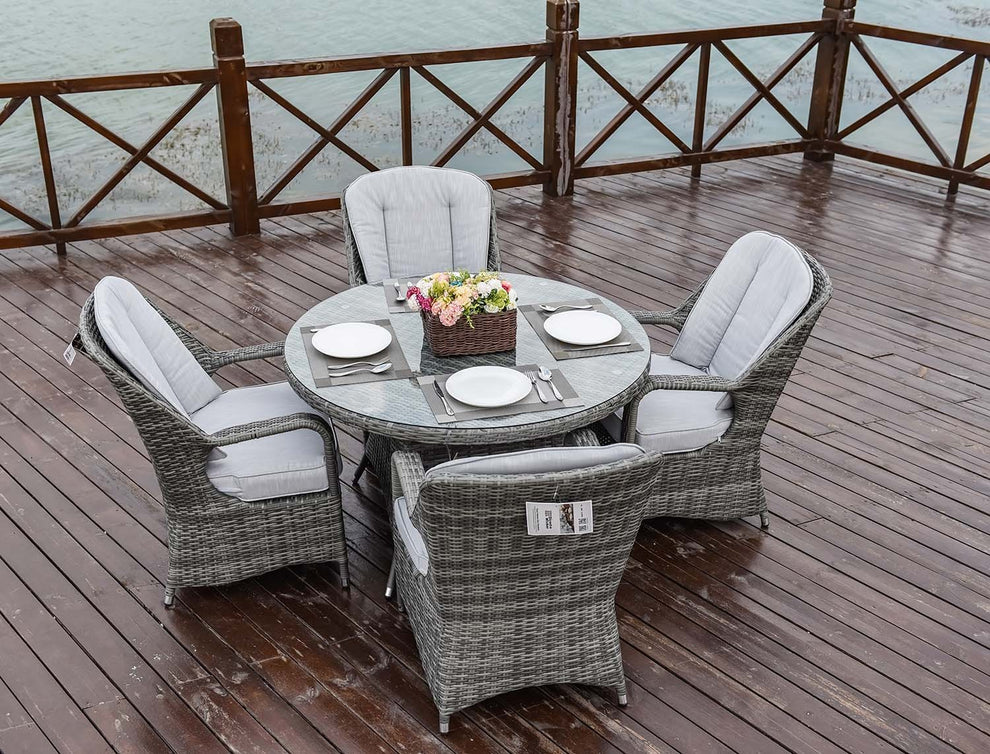 Five Piece Gray Round Glass Dining Set By Homeroots | Outdoor Dining Sets | Modishstore - 5