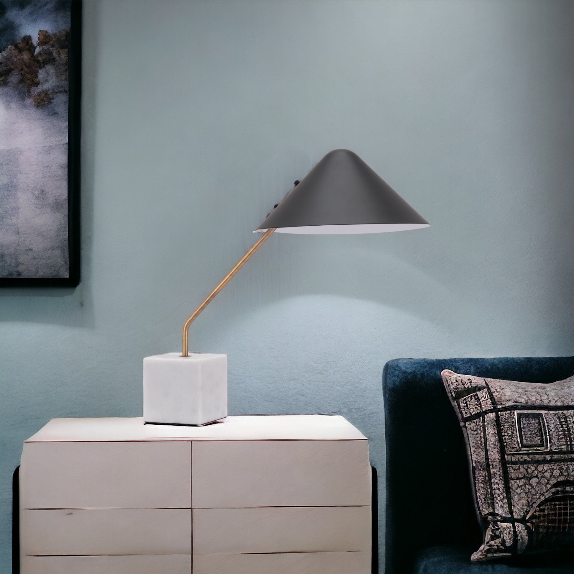 White Metal Bedside Table Lamp With Black Cone Shade By Homeroots | Table Lamps | Modishstore - 6