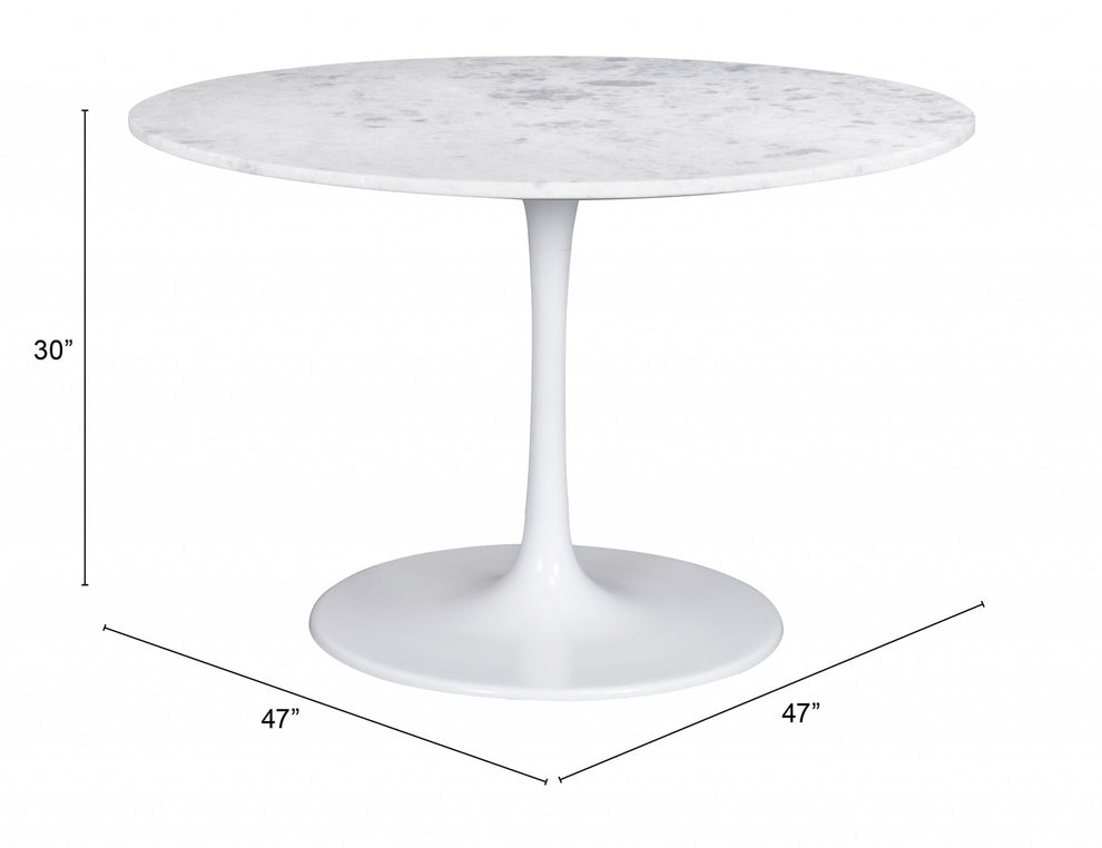 White Rounded Marble And Steel Pedestal Base Dining Table By Homeroots | Dining Tables | Modishstore - 5