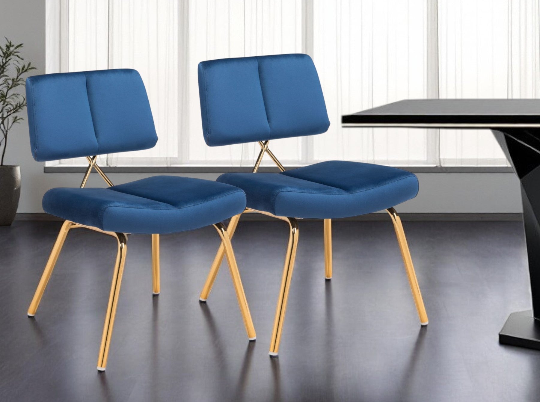 Set of Two Blue And Gold Upholstered Velvet Open Back Dining Side Chairs By Homeroots | Dining Chairs | Modishstore - 1